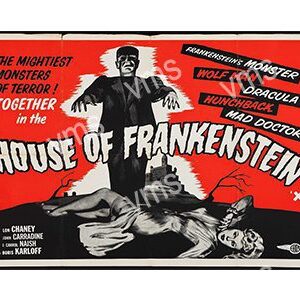Classic horror movie poster for House of Frankenstein showing a monster and scientist.