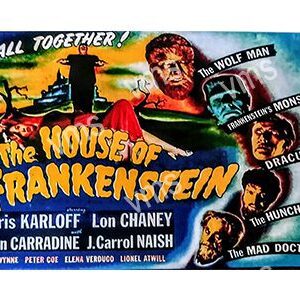 Vintage movie poster for 'The House of Frankenstein' featuring classic horror characters.