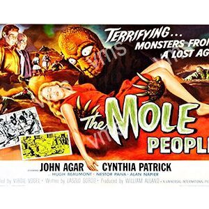 Vintage horror movie poster for 'The Mole People' featuring terrified characters and monstrous creatures.