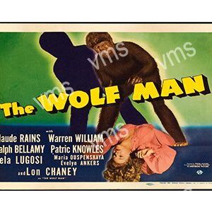 Classic movie poster for 'The Wolf Man' featuring a werewolf and a frightened woman.