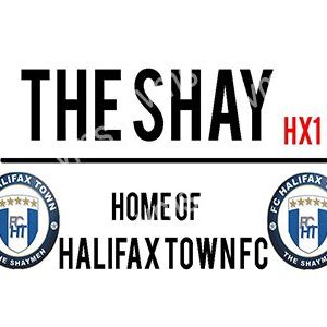Signboard for The Shay, home of Halifax Town FC.