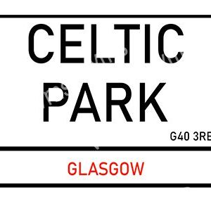 Celtic Park street sign in Glasgow with postal code G40 3RE.