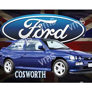 Blue Ford Cosworth car with large Ford logo background.