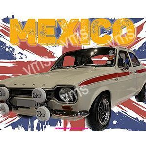Classic white Mexico car with colorful background and bold text.