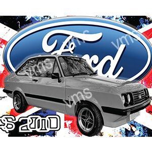 A black and white Ford car illustration with a large Ford logo.
