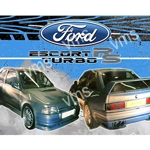 Two Ford Escort Turbos displayed with a blue and black background.