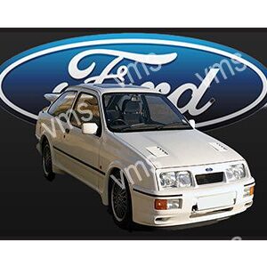 Classic white Ford car with sporty design in front of Ford logo.