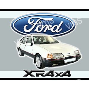 Classic white Ford XR4x4 car with a blue Ford logo above it.