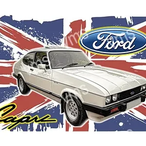 Classic Ford Capri car against a British flag backdrop.