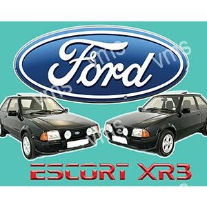 Two Ford Escort XR3 cars with a large Ford logo and text.