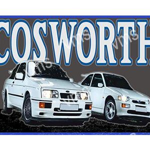 Two white Ford Escort Cosworth cars side by side with a blue background.