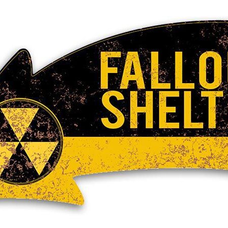 Vintage Fallout Shelter sign with radiation symbol and yellow-black design.