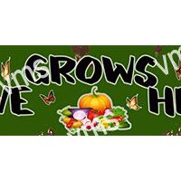 A colorful fall banner with pumpkins and flowers saying "Love Grows Here."