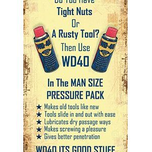 A humorous WD-40 label listing uses for tight nuts and rusty tools.