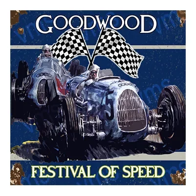 Vintage race car with checkered flags at Goodwood Festival of Speed.