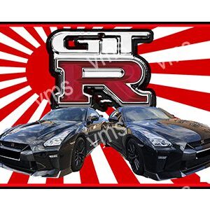Two black Nissan GT-R cars with a red and white rising sun background.
