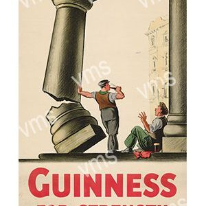 Vintage Guinness ad with a man and children by large stone pillars.