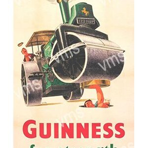 Vintage Guinness advertisement featuring a steamroller and a worker.