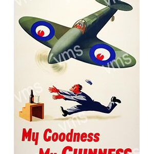 Vintage Guinness ad with a pilot and a dog near a gramophone.
