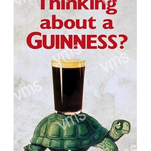 A turtle carrying a pint of Guinness on its back with the text about thinking about a Guinness.