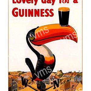 A toucan balances a pint of Guinness on its beak in a vintage advertisement.