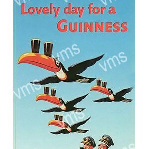 Vintage Guinness ad with toucans carrying pints and slogan.