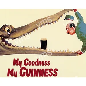 Vintage ad showing a man dodging a giant crocodile's jaws with a pint of Guinness inside.
