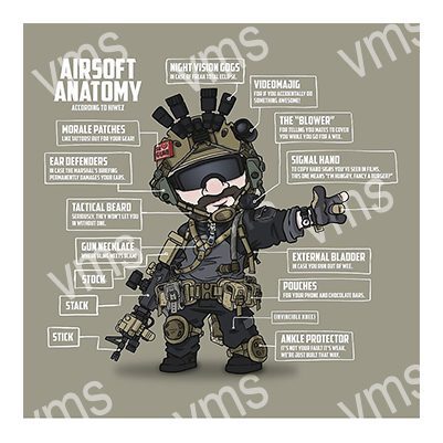 Cartoon soldier equipped with airsoft gear and tactical accessories.