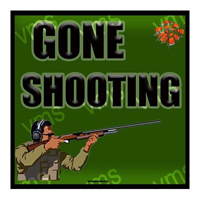 A hunter aiming a rifle with text 'GONE SHOOTING' on a green background.