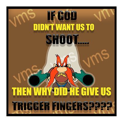 Cartoon character questions why God gave humans trigger fingers if He didn't want them to shoot.