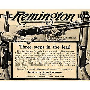 Vintage Remington shotgun advertisement showcasing three steps to improve shooting.