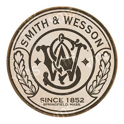 Vintage Smith & Wesson logo with ornate design and established date.