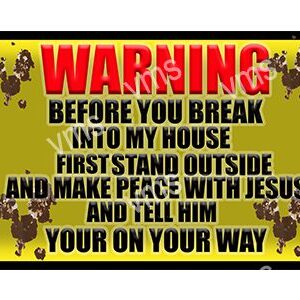 Warning sign with a religious message about trespassing and peace.