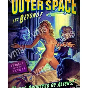 Vintage sci-fi poster featuring a woman surrounded by aliens in outer space.