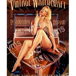 Pin-up style woman posing on vintage luggage in an old-fashioned advertisement.