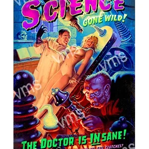 Retro sci-fi movie poster with a mad scientist and a terrified woman.