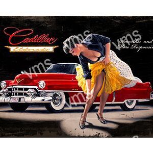 Vintage Cadillac with a pin-up style woman in a yellow skirt.
