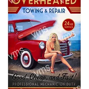 Vintage-style ad featuring a woman and classic car for towing and repair service.