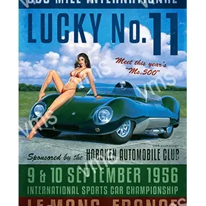 Vintage 1956 Lucky No. 11 automobile racing poster with a woman and classic car.