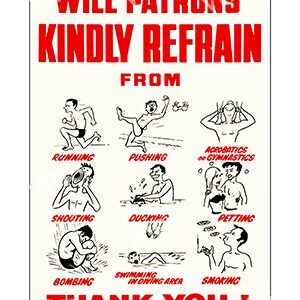 Vintage etiquette poster urging patrons to refrain from various rude behaviors.