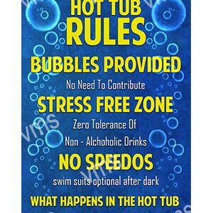 A colorful hot tub rules sign with fun fonts and bubbles.