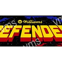Close-up of the 'Defender' arcade game logo with vibrant colors.