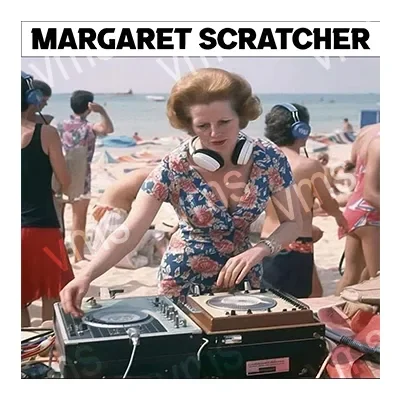 Margaret Scratcher DJing at a beach party with vintage turntables.