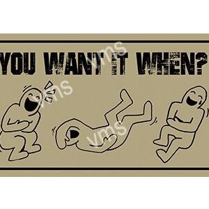 Three cartoon characters in various poses with the text 'You want it when?'.