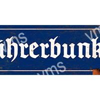 A vintage blue and white street sign with the word 'Führerbunker'.
