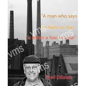 Black-and-white photo of a smiling man in front of factory chimneys with a quote.