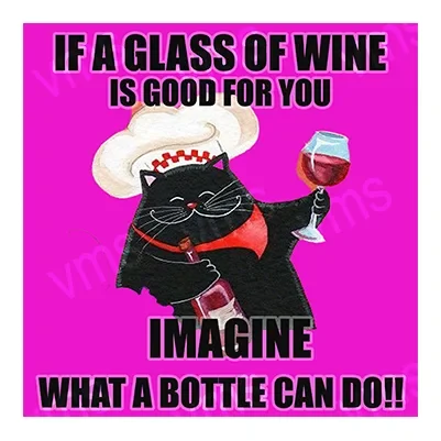 Humorous cat with wine glass highlights wine benefits.