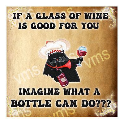 Humorous wine-themed illustration with a cat and text about wine benefits.