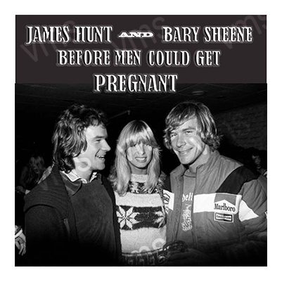 Vintage photo of James Hunt, Barry Sheene, and a woman with humorous caption.