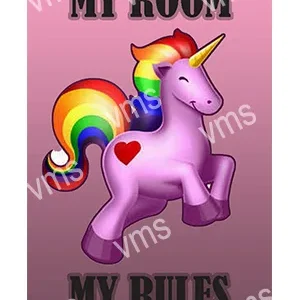 Purple unicorn with rainbow mane and heart, saying "My Room My Rules."